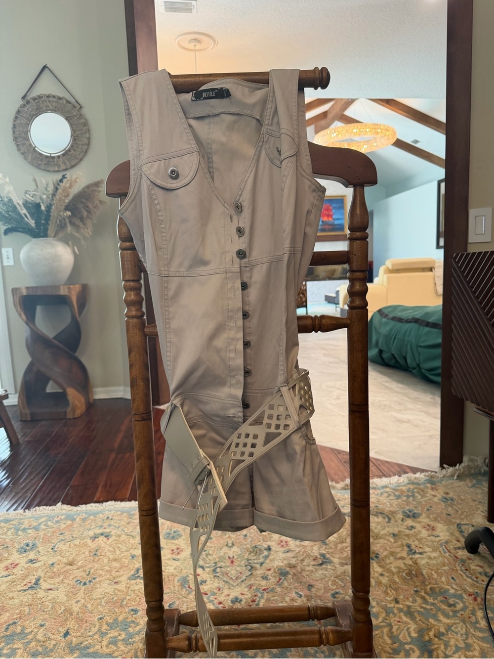 Sleeveless Beige Safari Utility Romper with Cutout Belt Size S